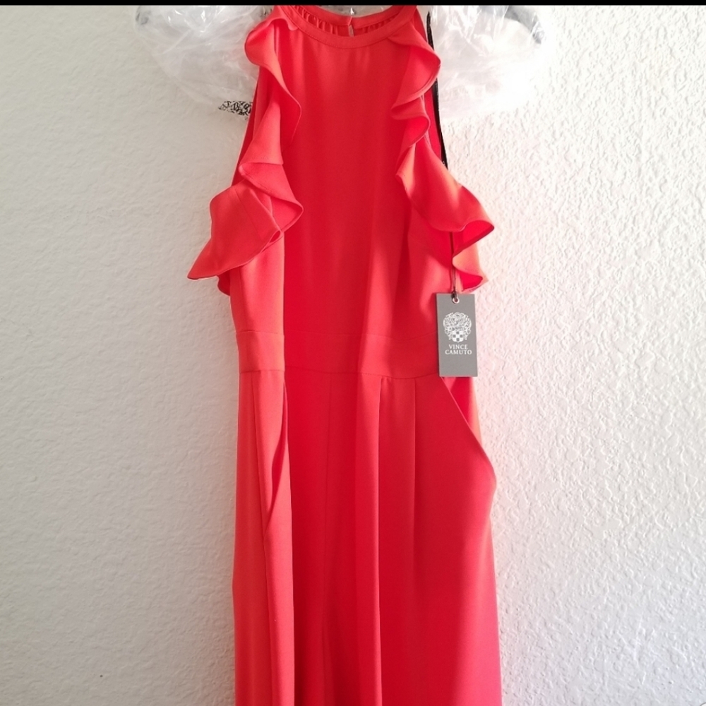 Vince Camuto Ruffled Halter Neck Wide Leg Red Jumpsuit Size 4 - Picture 3 of 9